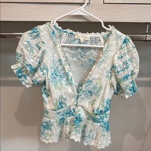 LoveShackFancy Blue and White Lace Blouse